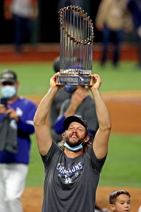 Clayton Kershaw celebrates his first World Series Championship with great excitement.