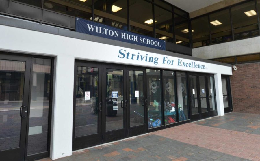 The main entrance at Wilton High School through which students enter daily.