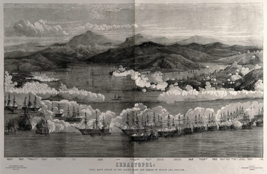 Crimean War: a blazing battle in and around the harbor at Sevastopol, details of the French and English ships are given.