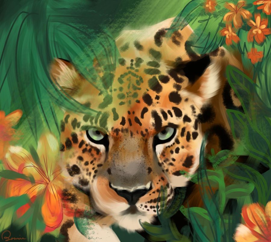 A leopard emerges from the foliage, the greenery reflected in its gaze.