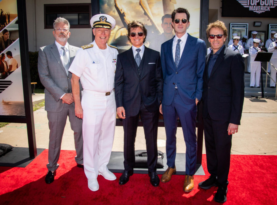 Tom Cruise, starring as Maverick in Top Gun: Maverick, is joined with Chris McQuarrie, Vice Adm. Kenneth Whitesell, Commander, Naval Air Forces, Joe Kosinski, and Jerry Bruckheimer at the advance premiere.