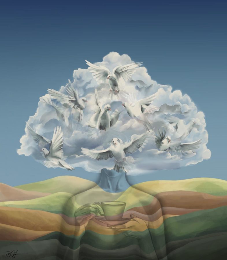 Taking inspiration from the phrase head in the clouds and the symbolism of Dove, Huang expresses peace and tranquility in this artwork.