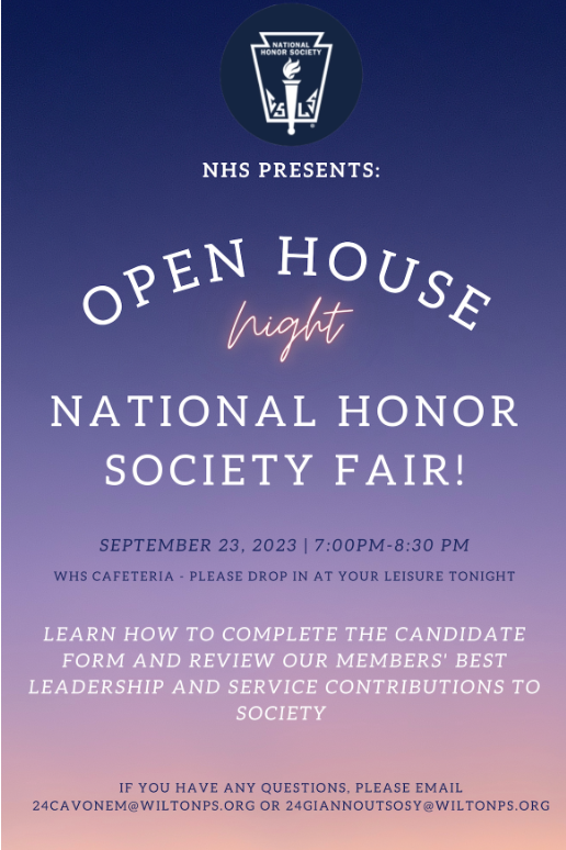 Both students and parents are invited to the NHS Fair, which will take place in the Cafeteria on September 28th during Open House.